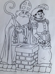 A coloring book page: Saint Nicholas instructing Black Pete to drop presents in the chimney © http://sinterklaas.stoompage.info