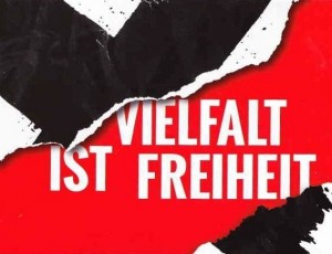 Advertising leaflet for the Stolpersteine cleaning days in Berlin, Nov. 9 - 10, 2013 (cropped). Text reads "Diversity is Freedom" © Irit Dekel 