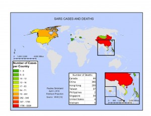 Map of infections caused by the Chinese SARS virus, compiled from WHO data © Pauline Strickland | Wikimedia Commons