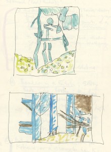 Drawings of the ruins as seen in camera view-finder at different magnifications © Michael Taussig | Courtesy of the author