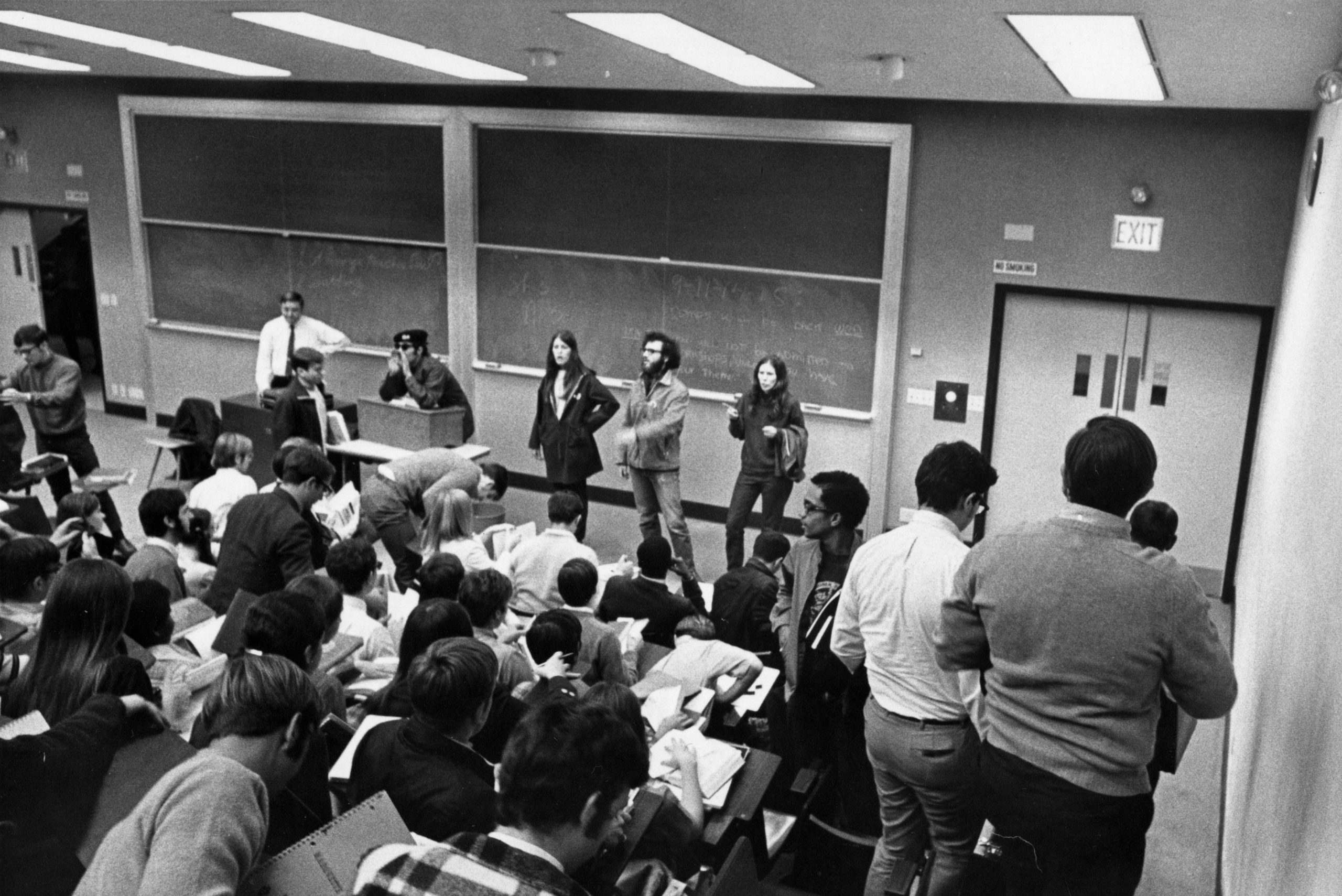 Students for a Democratic Society protest in a Marquette classroom, 1970