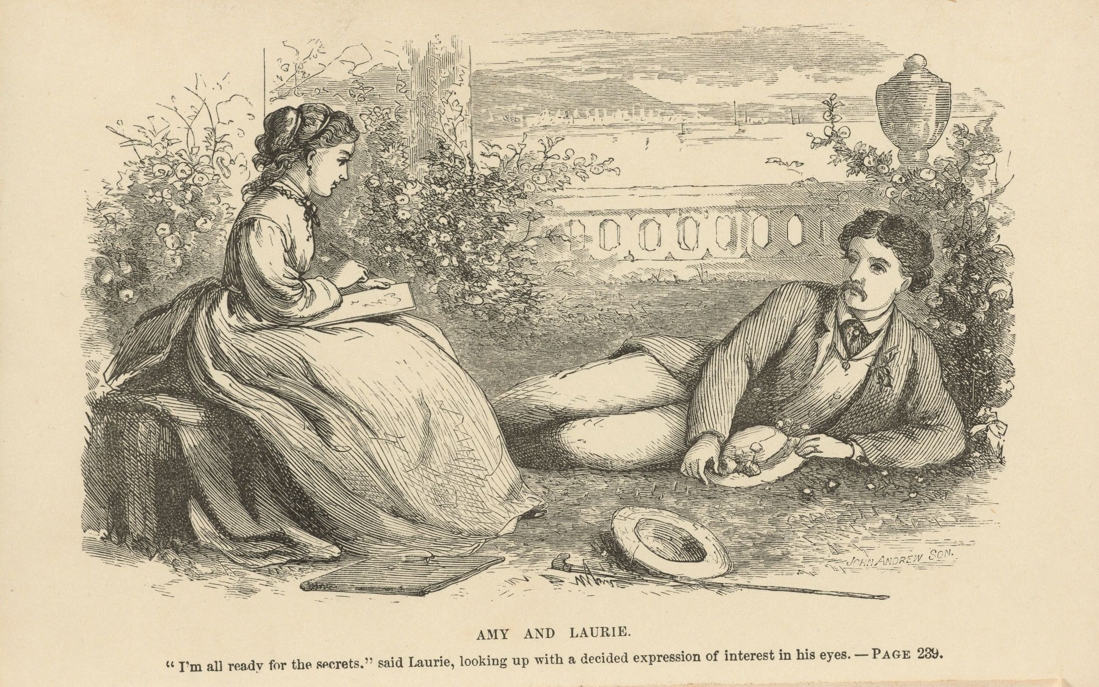 Frontispiece illustration from part 2 of Little Women by Louisa May Alcott (1832-1888), illustrated by her sister May Alcott. Boston: Roberts Brothers, 1869. *AC85.Aℓ194L.1869 pt.2aa, Houghton Library,