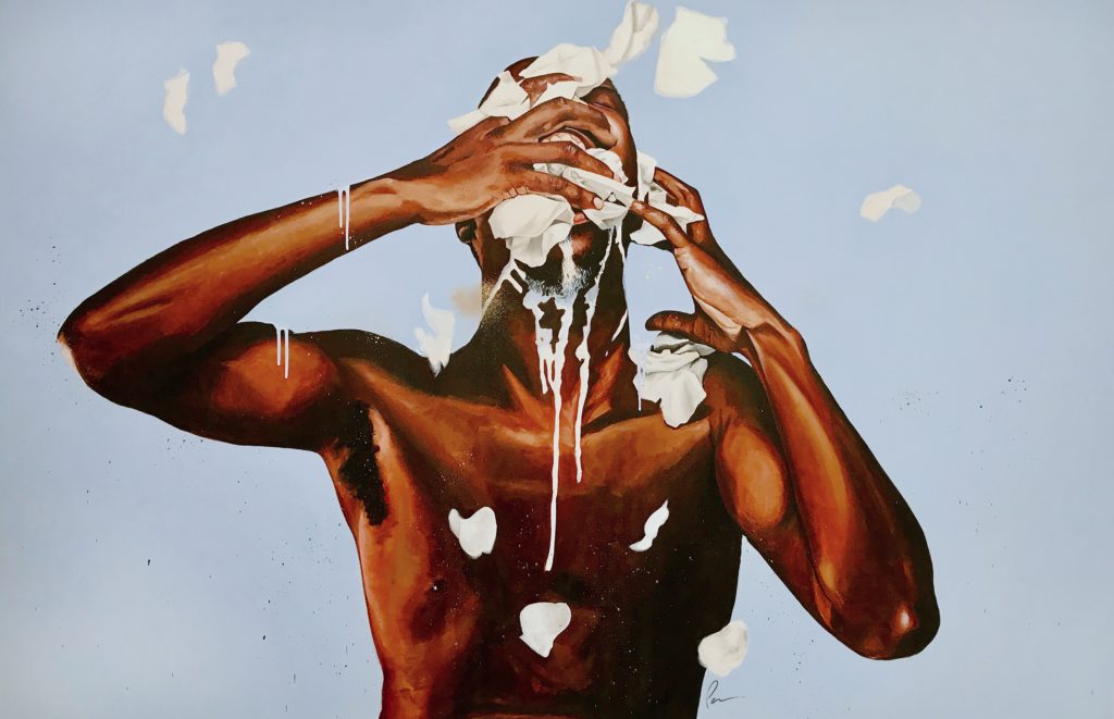 Image credit: White Lies, Subtleties, Micro-Aggressions, and Other Choking Hazards by Dr. Fahamu Pecou (2017), Acrylic on Canvas.