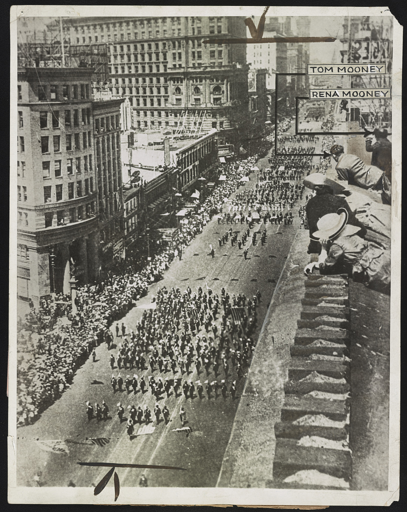 view of the Preparedness Day parade at San Francisco in 1916 looking down Mark Street toward the Ferry Building