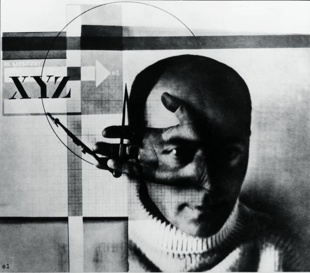 El Lissitzky, The Constructor (1924). Public domain. Black and white photo collage of man's head with arrows and scissors