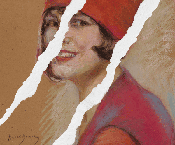 Lucky Dogs interview illustration of a woman in red with ripped paper