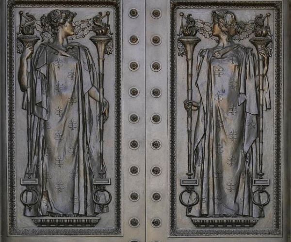 Image Credit: Exterior view. Detail of central main entrance door, the Art of Printing, with women representing the Humanities (left) and Intellect (right), by Frederick Macmonnies. Highsmith, Carol M. 1946. Photograph Retrieved from the Library of Congress.