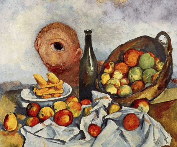 Collage of Odilon Redon's painting of Cyclops with Paul Cezanne's painting of basket with apples