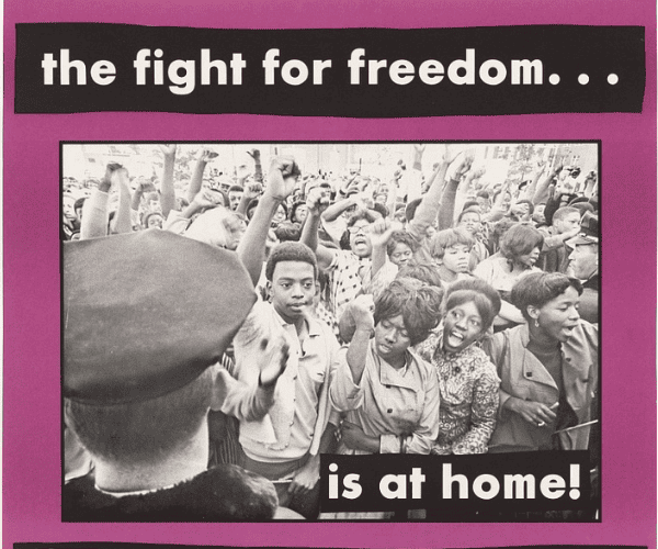 Poster for Student Mobilization Committee to End the War in Vietnam. Purple and black poster with a black and white photograph of protestors and the text "The Fight for freedom ... is at home."