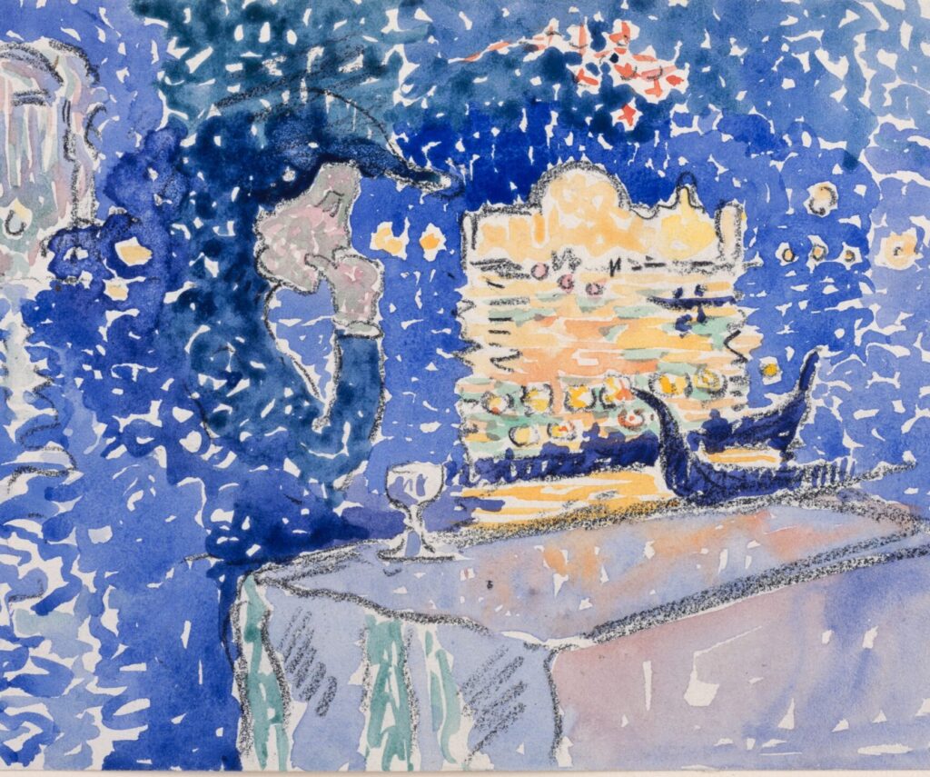 Impressionistic painting of a figure at a table surrounded by stylized water