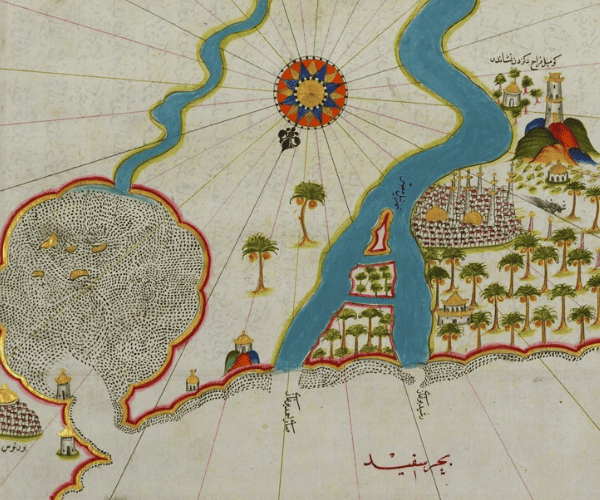 1525 map of of the River Nile Estuary with the Cities of Rashid and Burullus on Each Side