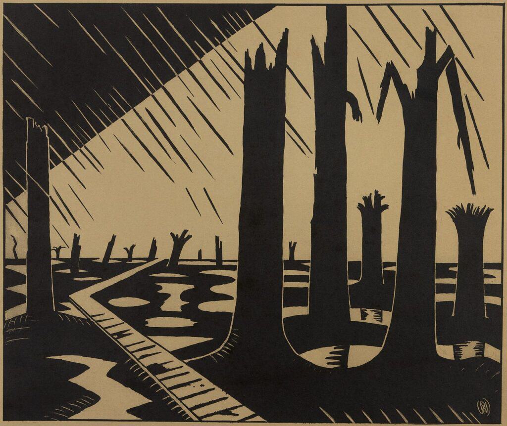 Monochromatic stylized depiction of a shell-pocked landscape and shattered trees