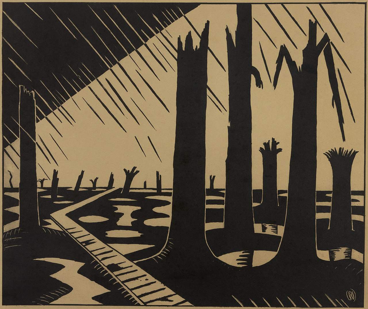 Monochromatic stylized depiction of a shell-pocked landscape and shattered trees
