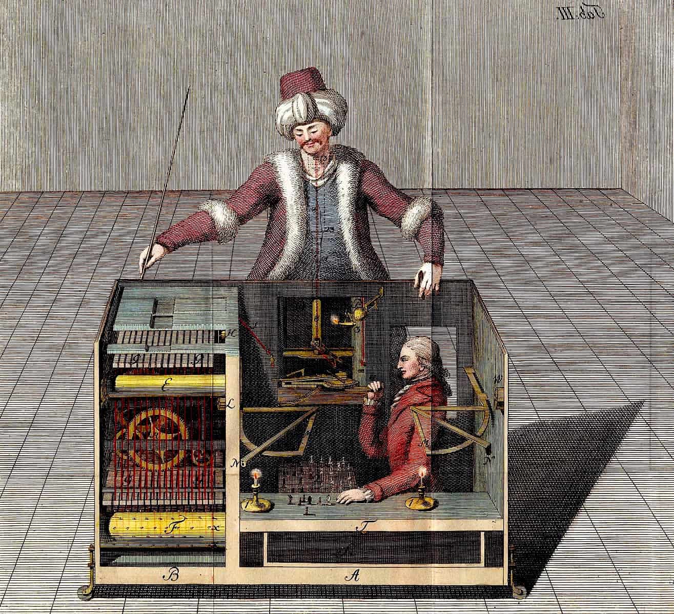 Color plate etching The Turk (1789) by Joseph Racknitz, from a book that tried to explain the illusions behind the Kempelen chess playing automaton (known as The Turk) after making reconstructions of the device.