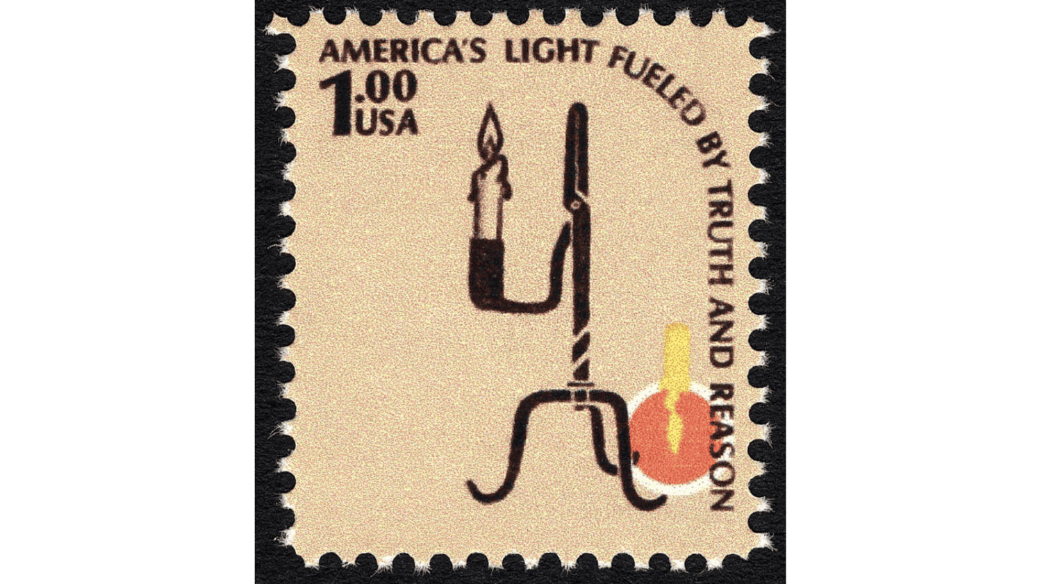 $1 postage stamp displaying a candle rush lamp and the text "America's light fueled by truth and reason"