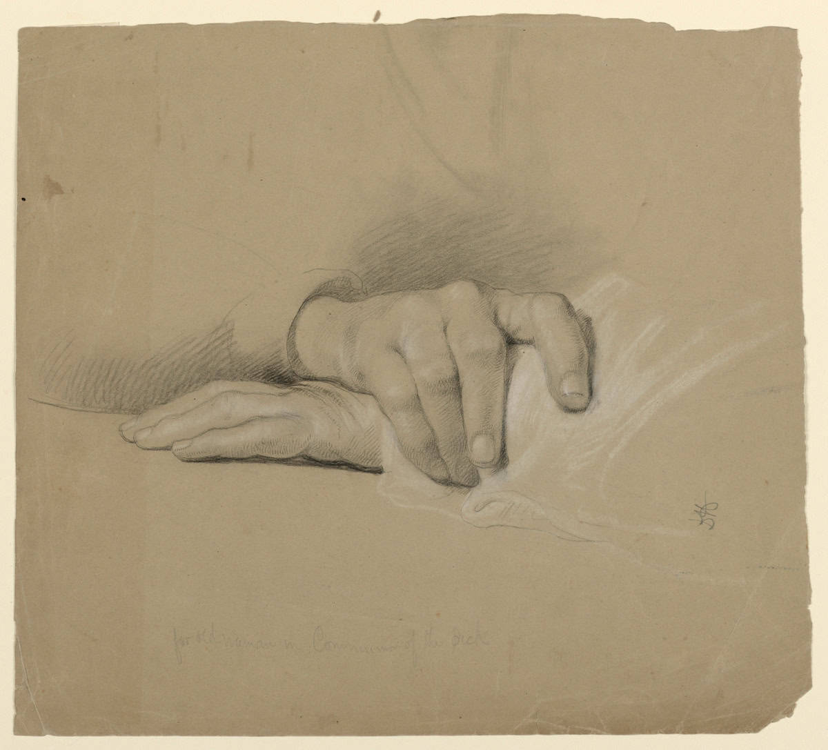 Graphite, black and white chalk sketch on tan wove paper depicting two hands, right clasped over left