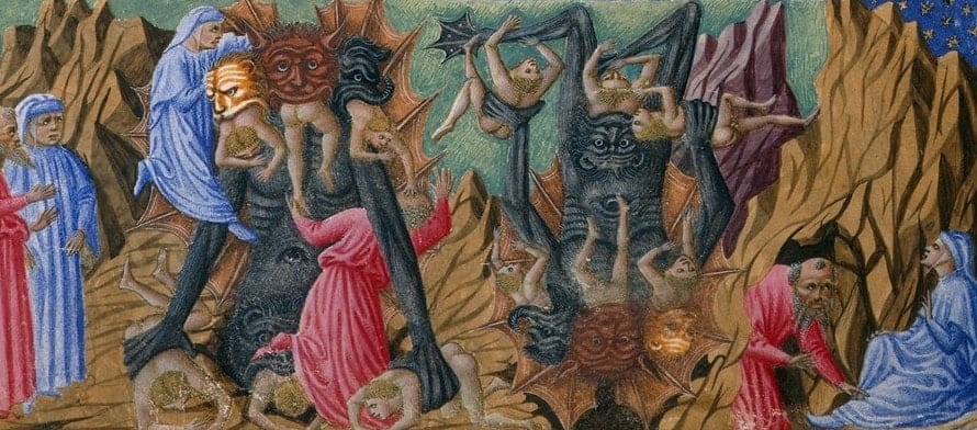 Painting of Dante and Virgil witnessing the gigantic Satan, with his three mouths biting on the sinners Cassius, Judas, and Brutus