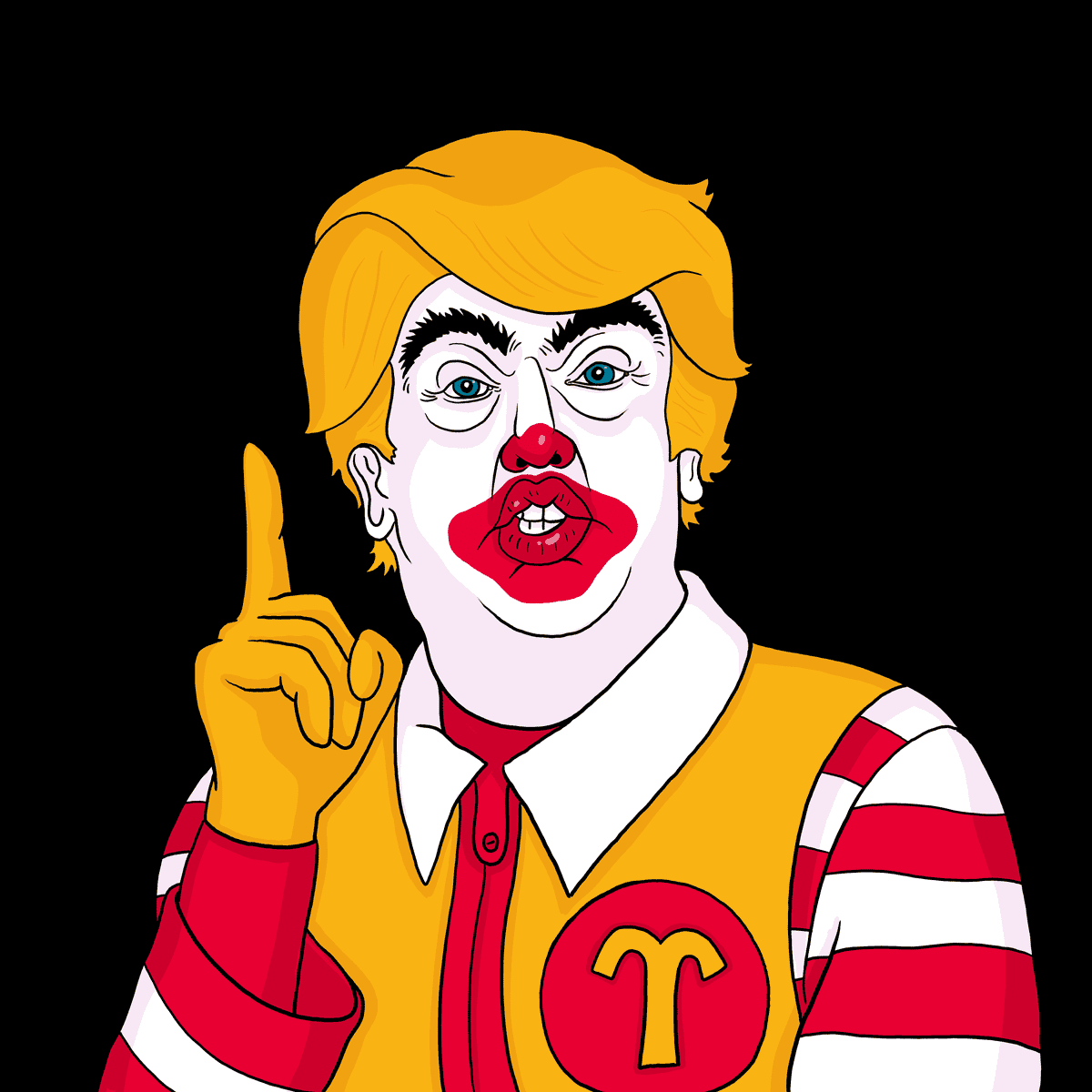 Illustration of Donald Trump in Ronald McDonald makeup and clothing