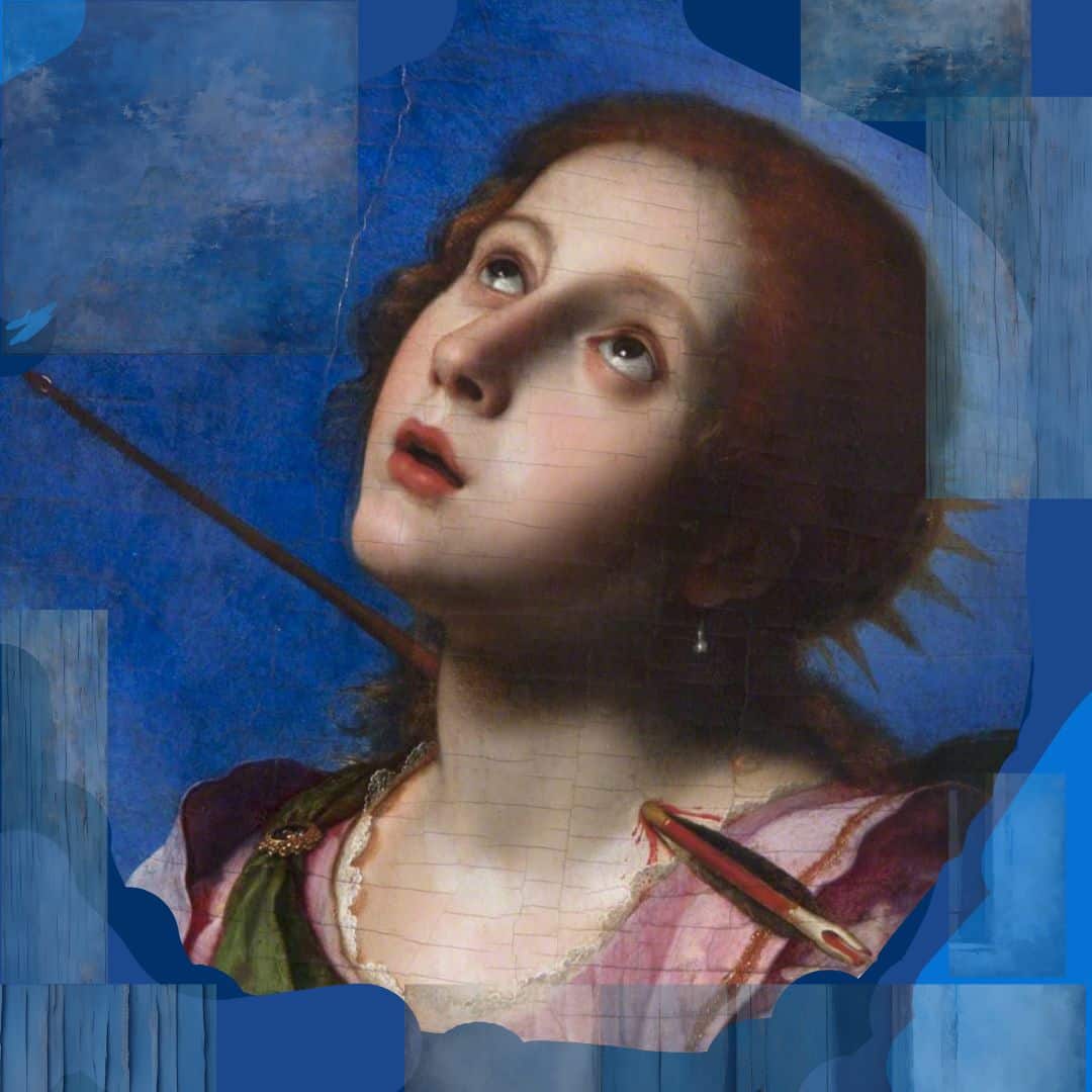 Painting of Saint Christina staring towards the heavens with an arrow through her neck