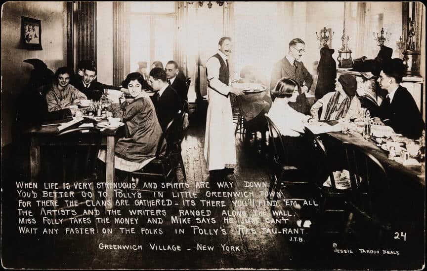 Black and white postcard of men and women gathered in the dining room of a Greenwich Village restaurant.