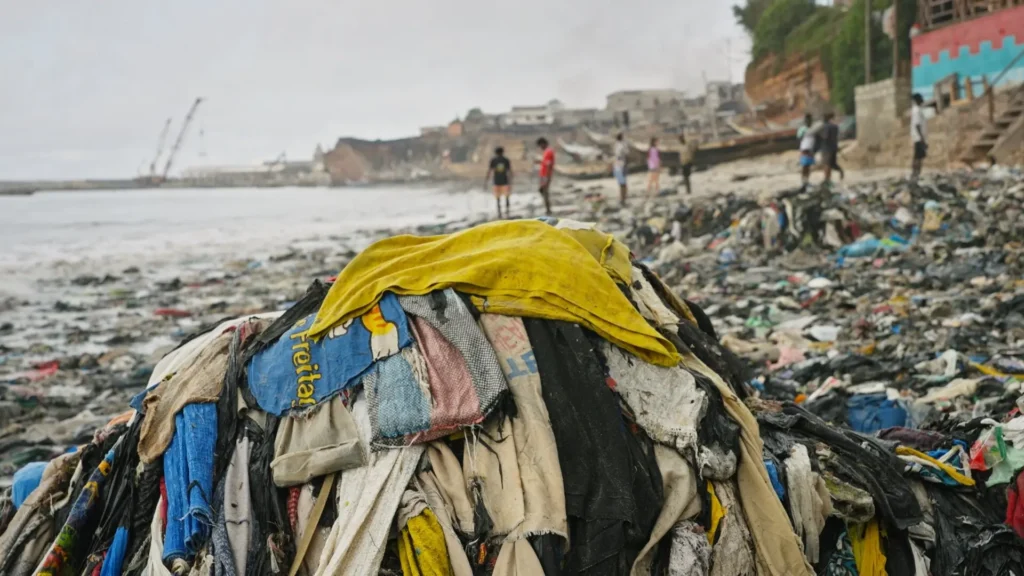 Clothing waste piles up on a beach