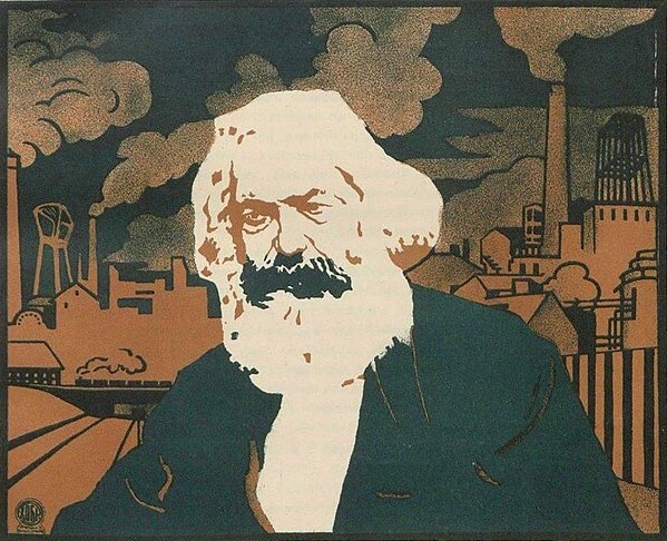 Woodblock poster of Marx in front of factories