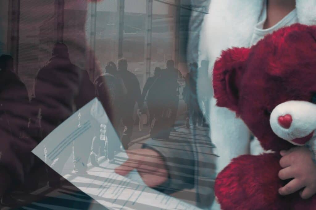 A group of asylum-seekers is being processed by US Customs and Border Protection officers and agents. A line of people with baggage at the US border faded in black and white while focusing on a child holding a plush toy and documentation.