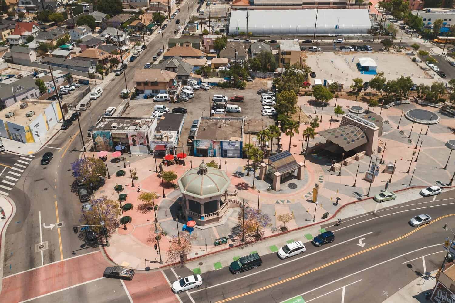 Aerial view of Mariachi Plaza in Los Angeles' Boyle Heights District.