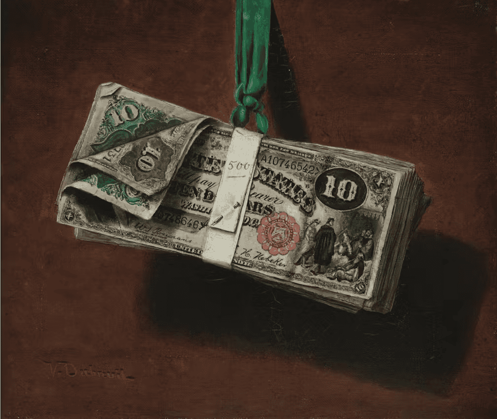 Painting of stack of American bank notes hanging on a green ribbon