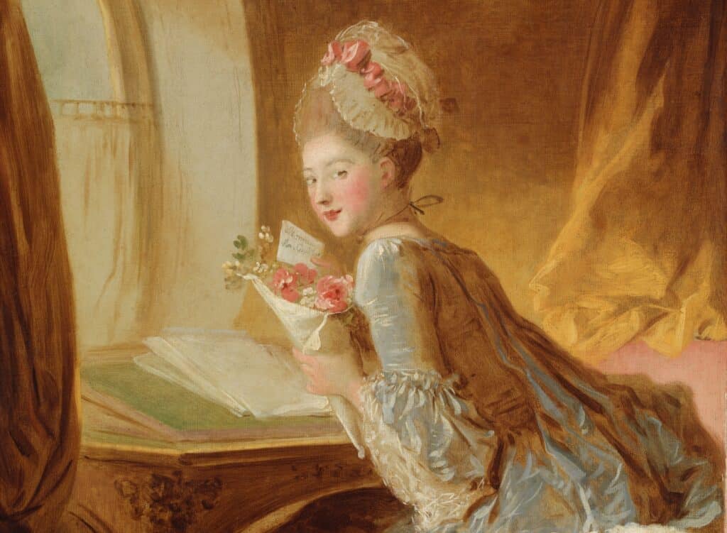 Painting of woman in eighteenth-century French clothes looking over her shoulder holding a bouquet and letter