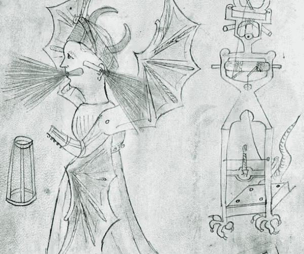 Drawing of a woman with dragon wings and breathing fire, accompanied by a machine with a tail