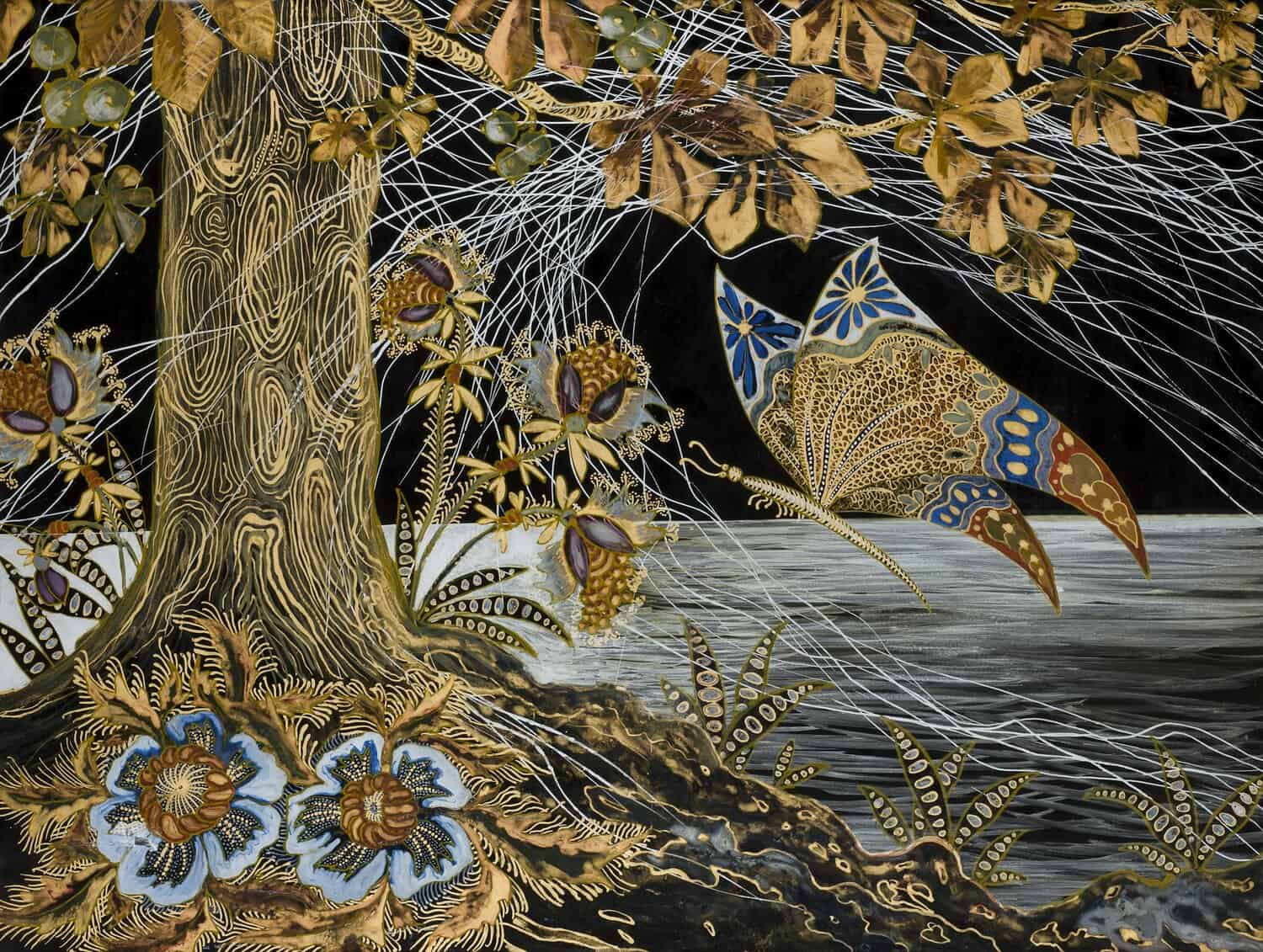 Stylized painting of a butterfly flying through cobwebs against a dark background.