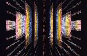 Multi-colored parallelograms against black background