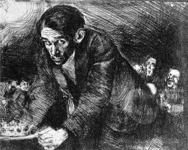 Etching of man in suit bent forward holding a tray and looking toward the viewer