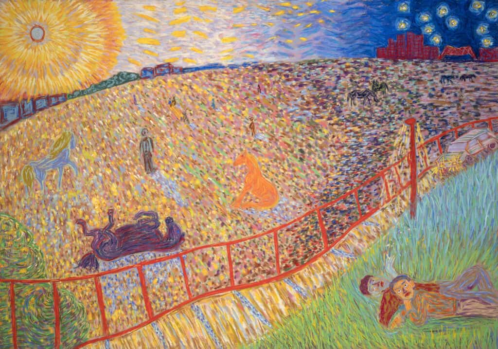 Pastel drawing of grassy bridge