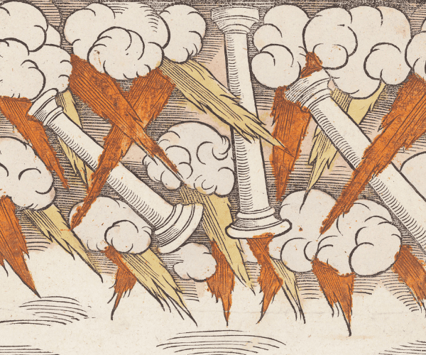 Printing of three floating Roman columns surrounded by clouds and orange and yellow thunderbolts
