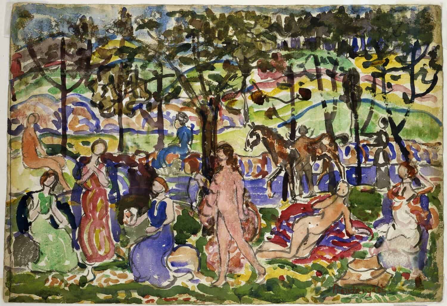 Stylized painting of people relaxing amidst trees in a park