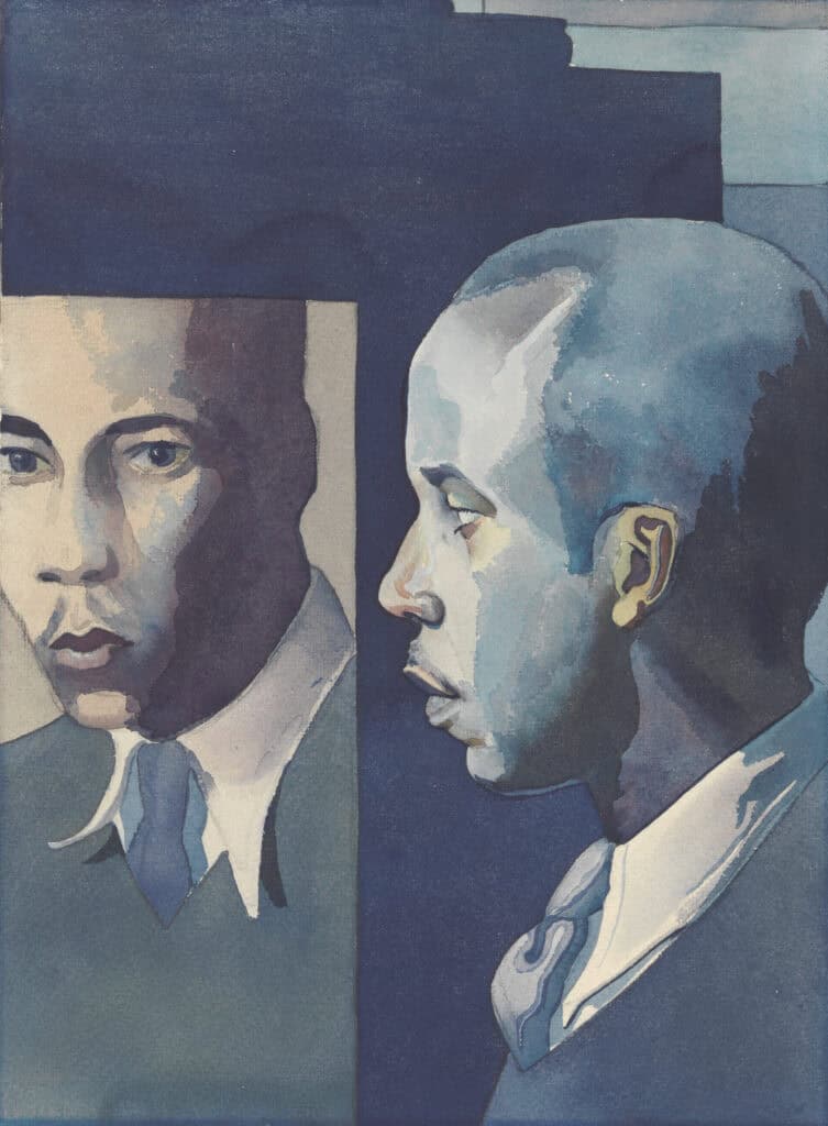 Contemporary paint of a Black man looking at himself in the mirror. Use of off white, navy and light blue are used to distinguish the reflection and subject of piece.