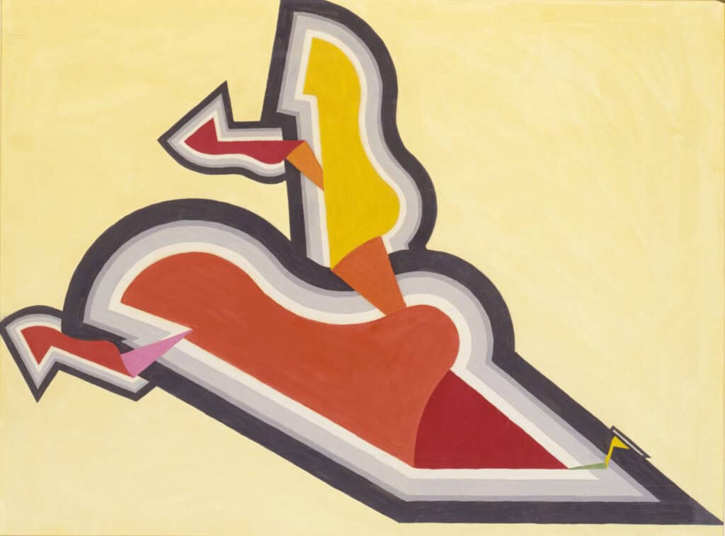 Abstarct painting of yellow, orange, and red oranic shapes, with two read arrows pointing left