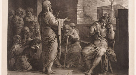 An etching of a bearded man wearing robes, Zenocrates, speaking to Polemon, a seated youth also dressed in robes. The bearded man stands with his back to the viewer and his hands outstretched towards Polemon, who casts his gaze towards the floor and removes the wreath from his head. Behind Zenocrates a group of similarly dressed onlookers watch the pair, with some gesturing towards them and looking shocked.