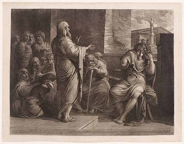 An etching of a bearded man wearing robes, Zenocrates, speaking to Polemon, a seated youth also dressed in robes. The bearded man stands with his back to the viewer and his hands outstretched towards Polemon, who casts his gaze towards the floor and removes the wreath from his head. Behind Zenocrates a group of similarly dressed onlookers watch the pair, with some gesturing towards them and looking shocked.