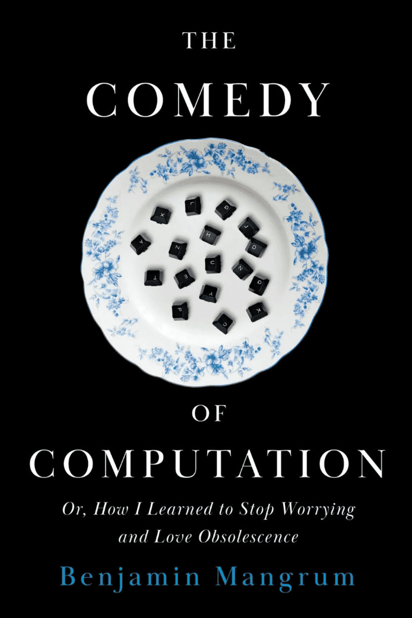 Book cover featuring blue and white plate holding small dark square objects against a black backdrop