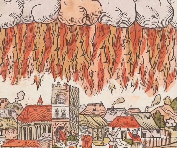 Woodcut engraving of clouds raining yellow and orange flames on a Medieval European town