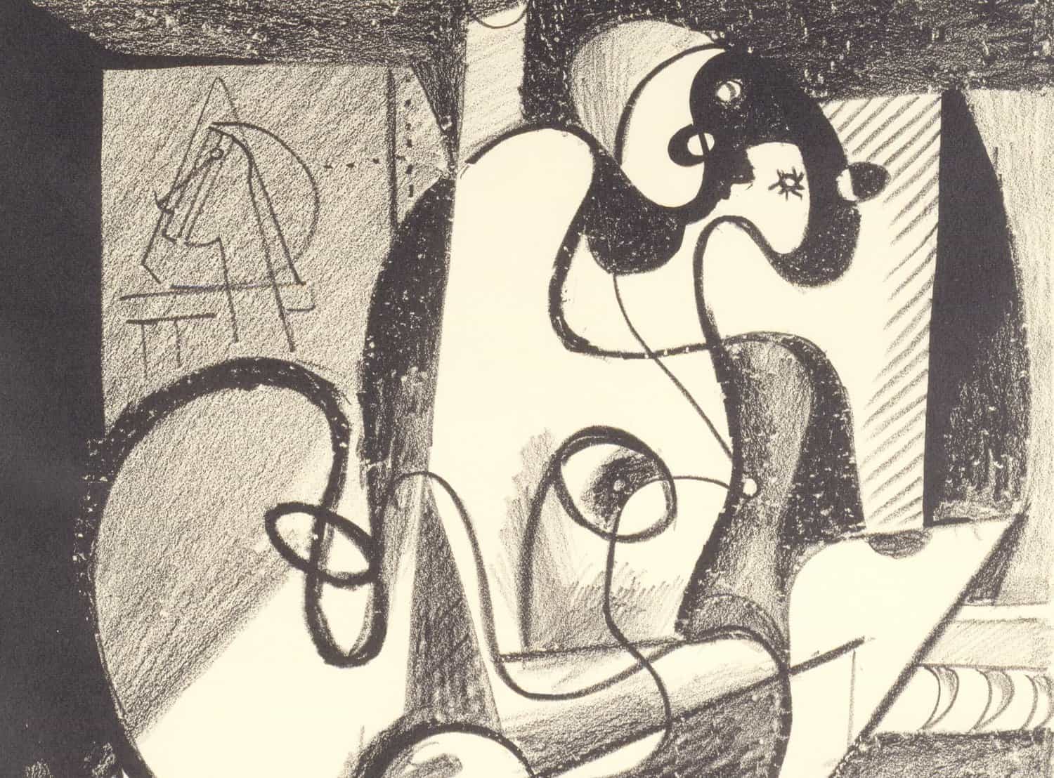 Black and white lithograph on paper of abstract intersecting forms