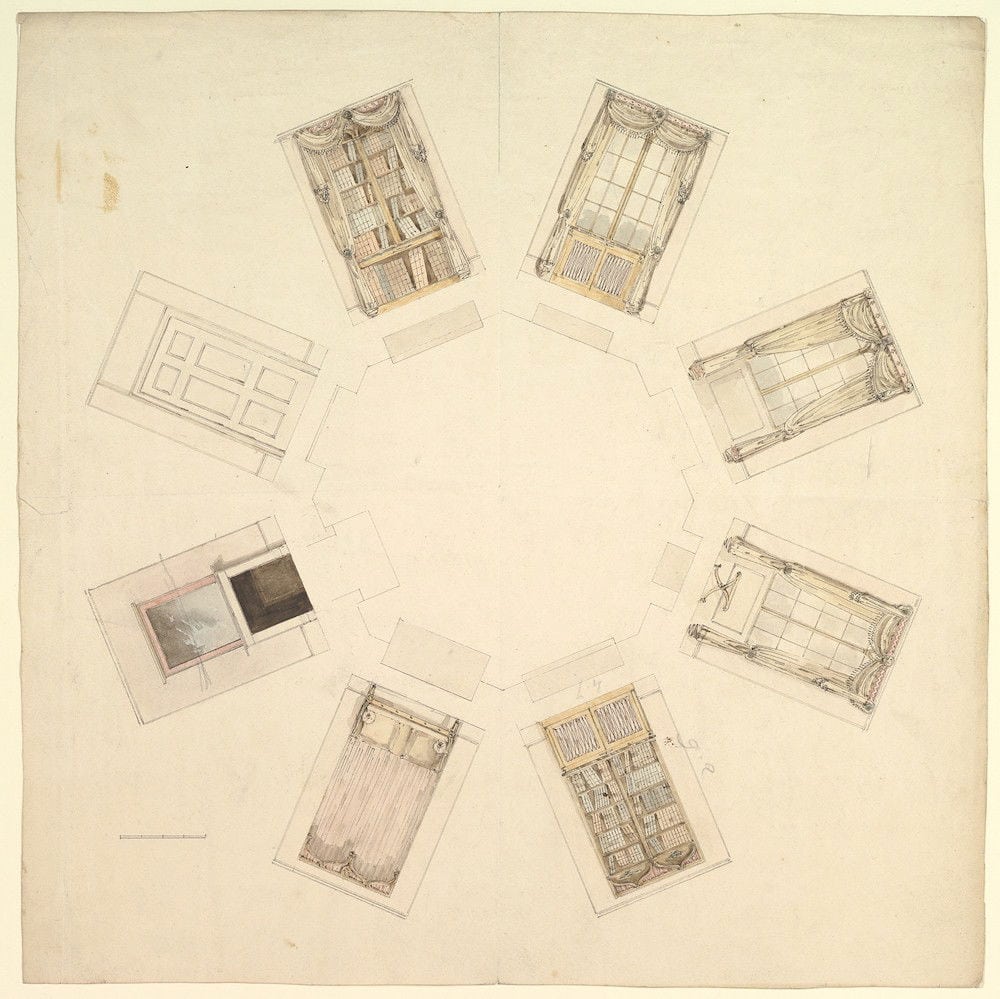 A 19th century aerial sketch of an octagonal room and its views