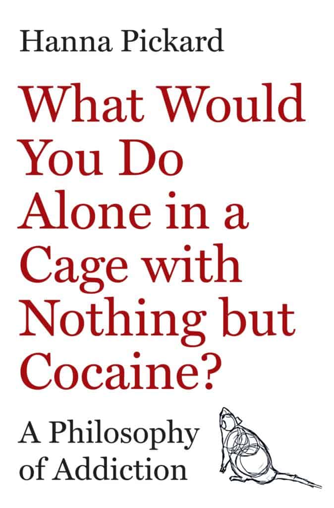 Book cover depicting red text on a white background, accompanied by a stylized line drawing of a rat. The text in red reads: What Would You Do Alone in a Cage with Nothing but Cocaine?