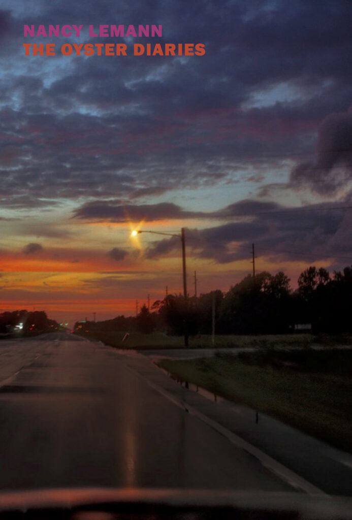 The cover image for Nancy Lemann’s novel The Oyster Diaries. A vibrant orange sunset in a cloudy sky, illuminating a wet, empty street. A single streetlamp shines overhead. In the distance, there are blurred traffic lights. To the right is a turn off, hidden in shadowed, lined with dark trees. In the top left corner, NANCY LEMANN is typed in bold pink, and below it, THE OYSTER DIARIES is typed in bold orange.