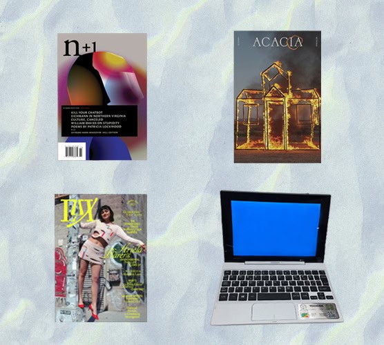 Digital collage of three covers of Lux magazine, Acacia, and n+1, arranged in a square shape alongside an image of a laptop with a blue screen.