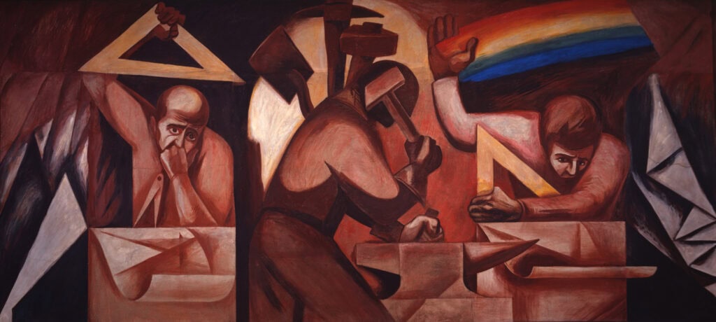 Fresco depicting three men laboring: One holds engineering tools, one works at an anvil with a hammer, and one holds a drawing square and a rainbow