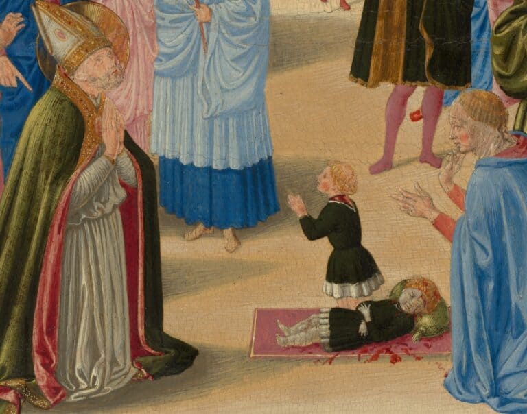 An aged painting of a richly-dressed saint holding his hands in prayer before a child who begs beside another deceased child on a mat. They are surrounded by onlookers